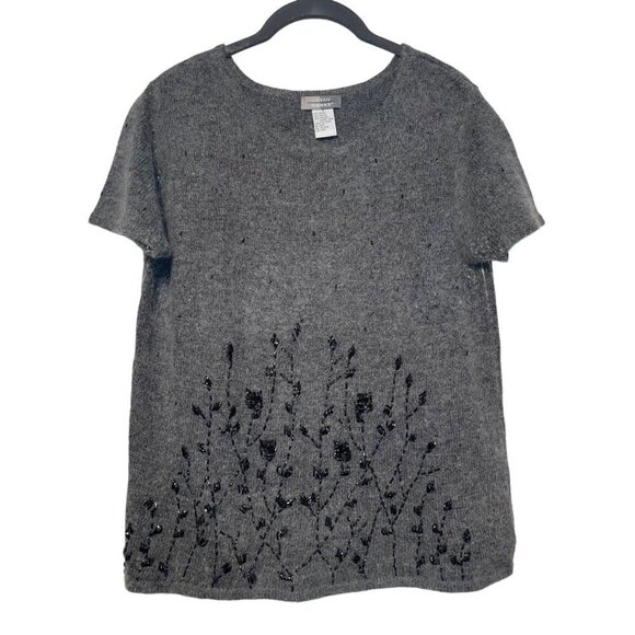 VINTAGE Beaded Floral Pattern Angora Rabbit Hair Blend Short Sleeve Soft Sweater - Picture 1 of 10